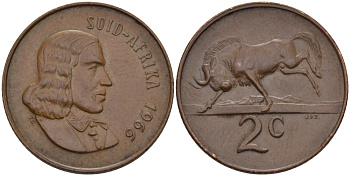 ЮАР 2 цента 1966 Ян ван Рибек (1619-1677), Suid Africa, легенда на африкаанс, антилопа гну KM 66.2 бронза aUNC 67-312