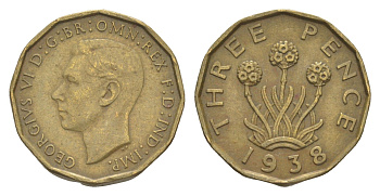 Великобритания 3 пенса 1938 Георг VI (1936-1952) KM 849, Spink 4112 никель латунь 4156-355