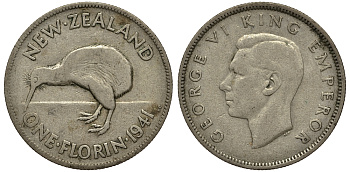 Новая Зеландия 1 флорин 1941 Георг VI (1936-1952), птичка киви KM 10.1 серебро 272-1521