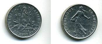 ФРАНЦИЯ 1/2 ФРАНКА 1966 СЕЯТЕЛЬ KM 931.1, LE FRANC 198.5 никель 46-343
