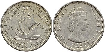 Британские Восточно-Карибские территории 25 центов 1965 Елизавета II (1952-2022), парусник KM 6 медно-никель 83-1746