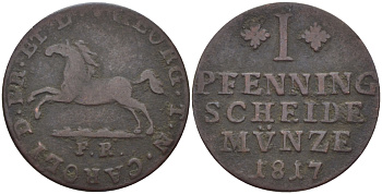БРАУНШВЕЙГ-ВОЛЬФЕНБЮТТЕЛЬ 1 ПФЕННИГ 1817 FR KM 1069 медь 100-335