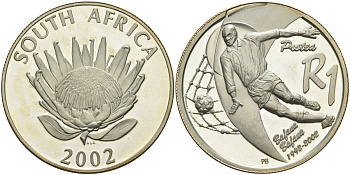 ЮАР 1 ранд 2002 чемпионат мира по футболу в Южной Корее и Японии KM 277 серебро PROOF 1096-2-12