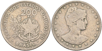Бразилия 200 рейс 1901 голова свободы вправо KM 504 медно-никель 4589-1115