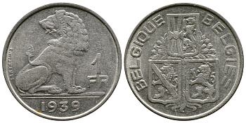Бельгия 1 франк 1939 Леопольд III (1934-1950), Belgique-Belgie, лев KM 119 никель 179-954