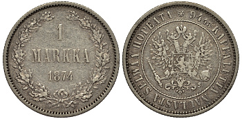Россия для Финляндии 1 марка 1874 S, Александр II (1855-1881) KM 3.1, Биткин 631 серебро 413-4032