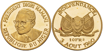 Нигер 10 франков 1960 Президент Амани Диори (Hamani Diori), годовщина независимости KM 1 золото PROOF 00-808-43