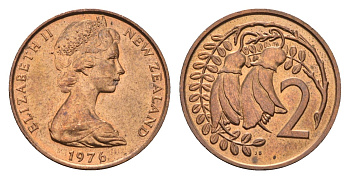 Новая Зеландия 2 цента 1976 Елизавета II (1952-2022), два цветка кохаи KM 32 бронза UNC 4657-623