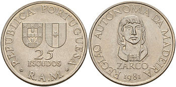 Португалия, Мадейра 25 эскудо 1981 Жуан Гонсалвиш Зарку KM 4 медно-никель 4140-636