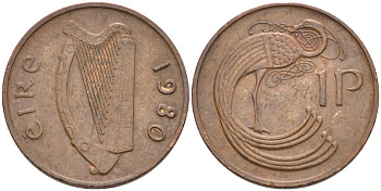 Ирландия 1 пенни 1980 птичка KM 20 бронза 92-152
