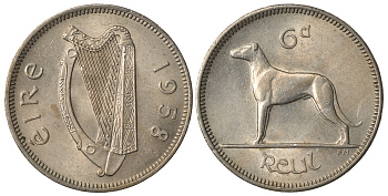 ИРЛАНДИЯ 6 ПЕНСОВ 1958 ИРЛАНДСКИЙ ВОЛКОДАВ KM 13a медно-никель XF 3334-141