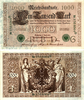 Германия 1000 марок 1910 Pick 45b бумага UNC (пресс) 7375-50-2-2