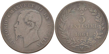 ИТАЛИЯ 5 ЧЕНТЕЗИМО 1861 М, МОНДВОР МИЛАН, ВИКТОР ЭММАНУИЛ II (1861-1878) KM 3.2 медь 4182-1255