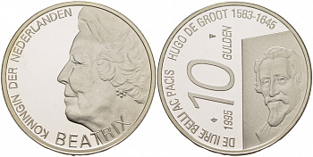 Нидерланды 10 гульденов 1995 300 лет со дня смерти Хьюго Грута, королева Беатрикс KM 220 серебро PROOF 1081-5-44