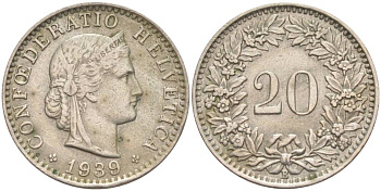 ШВЕЙЦАРИЯ 20 РАППЕНОВ 1939 В KM 29a медно-никель 55-647