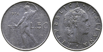 Италия 50 лир 1974 R, бог огня Вулкан у наковальни KM 95.1 нержавеющая сталь 85-156