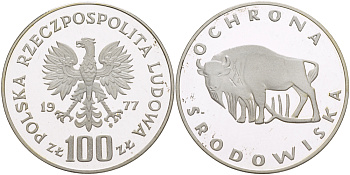 Польша 100 злотых 1977 MW, серия охрана окружающей среды, зубр KM 87, Parchimowicz 276 серебро PROOF 1085-1-11