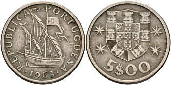 Португалия 5 эскудо 1963 парусник, первый год KM 591 медно-никель    4153-141