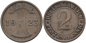 Германия 2 рентенпфеннига 1923 J KM 31, J. 307 бронза    4596-311