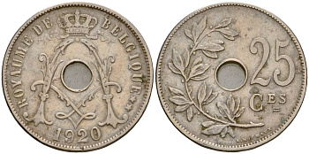 Бельгия 25 сантимов 1920 Belgique KM 68 медно-никель 27-1024