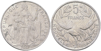 Французская Новая Каледония 5 франков 2007 птица кагу, (IEOM) KM 16, Schoen 12, Lec 81k алюминий 215-315