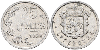 Люксембург 25 сантимов 1954 KM 45a.1 алюминий 4152-555