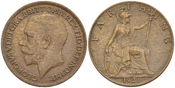 Великобритания 1 фартинг 1921 Георг V (1910-1936) KM 808.2, Spink 4060 бронза 4543-1017