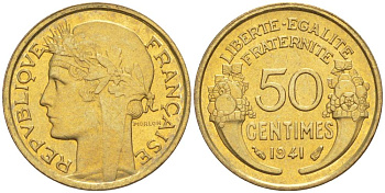 ФРАНЦИЯ 50 САНТИМОВ 1941 ТИП MORLON KM 894.1, LE FRANC 192.18 алюминиевая бронза 44-512