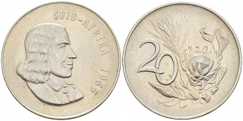 ЮАР 20 ЦЕНТОВ 1965 SUID, ЯН ВАН РИБЕК (1619-1677), ГОЛАНДСКИЙ ИССЛЕДОВАТЕЛЬ , МОРЕПЛАВАТЕЛЬ, ОСНОВАТЕЛЬ Г. КЕЙПТАУНА, ЦВЕТОК ПРОТЕЯ, АФРИКАНСКАЯ ЛЕГЕНДА KM 69.2 никель 213-742