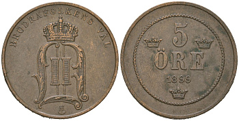 Швеция 5 эре 1899 Оскар II (1872-1907) KM 757 бронза 4171-747
