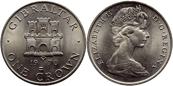 Гибралтар 1 крона 1970 Елизавета II (1952-2022), старый замок KM 4 медно-никель UNC 74-1113