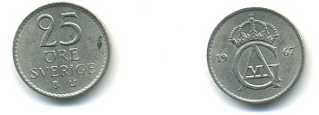 Швеция 25 эре 1967 U Густав VI Адольф (1950-1973) KM 836 медно-никель 80-769