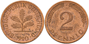 ФРГ 2 пфеннига 1990 J J.381a, KM 106a сталь плакированная медью    4598-926