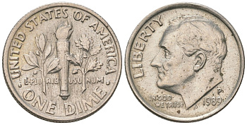 США 10 центов (дайм) 1989 P, президент Рузвельт KM 195a медь плакированный медно-никелем aUNC 4564-616