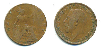 Великобритания 1/2 пенни 1914 Георг V (1910-1936) KM 809, Spink 4056 бронза 4383-912