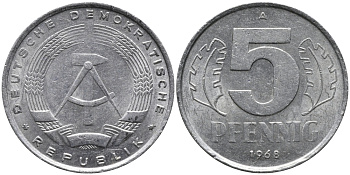 ГДР 5 ПФЕННИГОВ 1968 А KM 9.1 алюминий 33-321