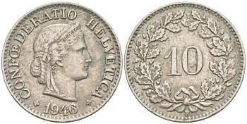 ШВЕЙЦАРИЯ 10 РАППЕНОВ 1946 В KM 27 медно-никель 201-1247