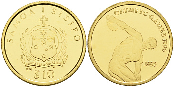 Самоа 10 тала 1995 летние Олимпийские игры 1996 года в Атланте, дискобол KM 113 золото PROOF 00-000-00