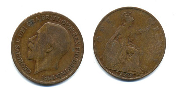 Великобритания 1 пенни 1920 Георг V (1910-1936) КМ 810, Spink 4051 бронза 47-335
