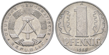 ГДР 1 пфенниг 1968 А КМ 8.1 алюминий 4651-1134