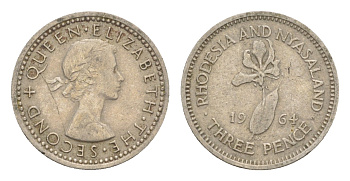 Родезия и Ньясаленд 3 пенса 1964 Елизавета II (1952-2022), цветок глориоза KM  3 медно-никель  4640-933