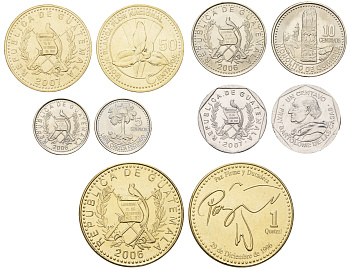 Гватемала набор из 5 монет (1, 5, 10 и 50 сентаво; 1 кетсаль) 2006 и 2007 KM 276, 277, 282, 283 и 284 UNC M71-12