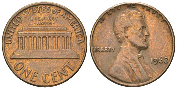 США 1 цент 1968 Авраам Линкольн KM 201 медь цинк 192-1011