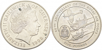 Гернси 5 фунтов 1998 самолеты, 80 лет королевскому воздушному флоту KM 82 медно-никель UNC 73-833