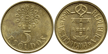 ПОРТУГАЛИЯ 5 ЭСКУДО 1990 KM 632 никель латунь 4395-931