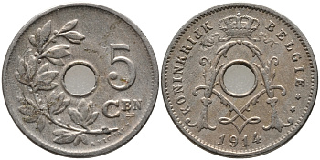 БЕЛЬГИЯ 5 САНТИМОВ 1914 BELGIE KM 67 медно-никель 72-1612