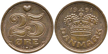 ДАНИЯ 25 ЭРЕ 1991 LG; JP; A, МАРГРЕТЕ II (1972-) KM 868.1 бронза 112-767