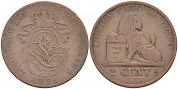 БЕЛЬГИЯ 2 САНТИМА 1875 BELGES KM 35.1 медь 110-151