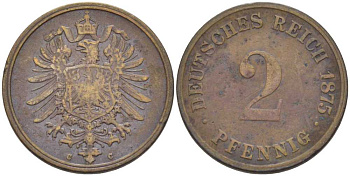 ГЕРМАНИЯ 2 ПФЕННИГА 1875 С, СТАРОГЕРБОВКА KM 2, J. 2, Weege 3 медь 212-541