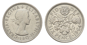 Великобритания 6 пенсов 1964 Елизавета II (1952-2022) KM 903, Spink 4149 медно-никель 4651-1232